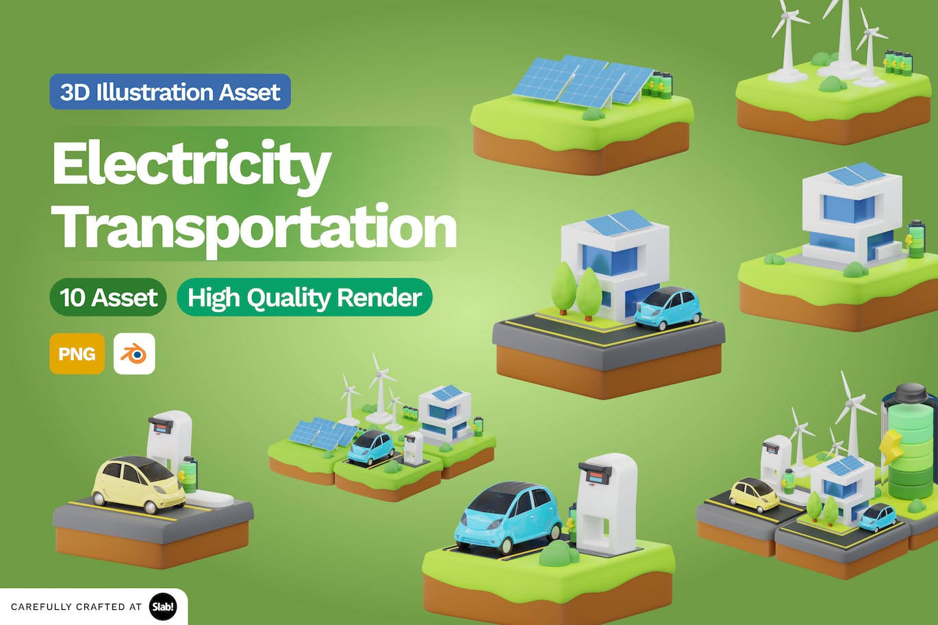 绿色电力运输汽车充电桩主题3D图标素材（Blender）