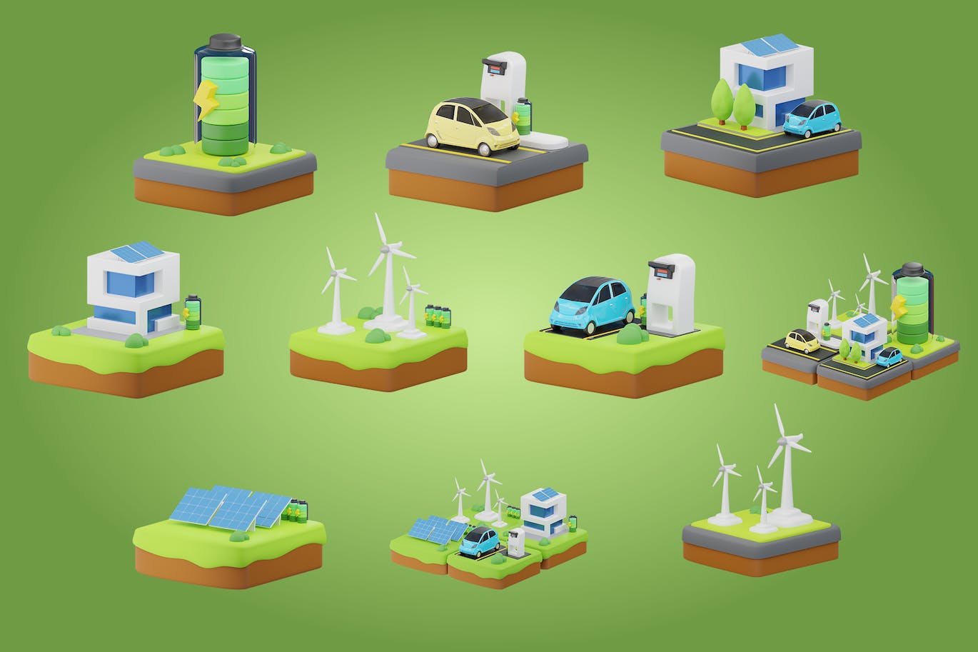 绿色电力运输汽车充电桩主题3D图标素材（Blender）