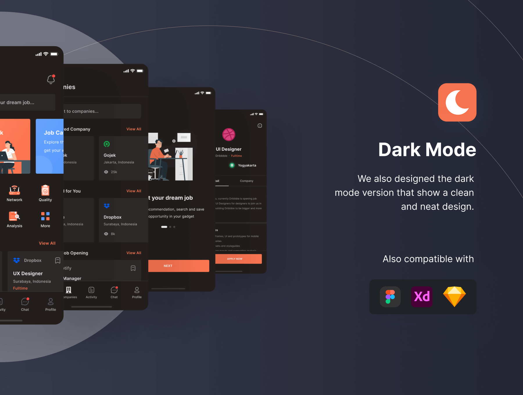 80个黑白背景的橙色求职工作招聘简历相关APP UI界面