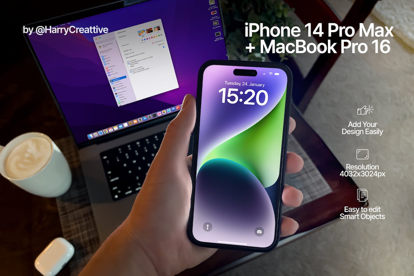 手持iPhone 14 Pro Max和MacBook Pro的PSD样机素材包