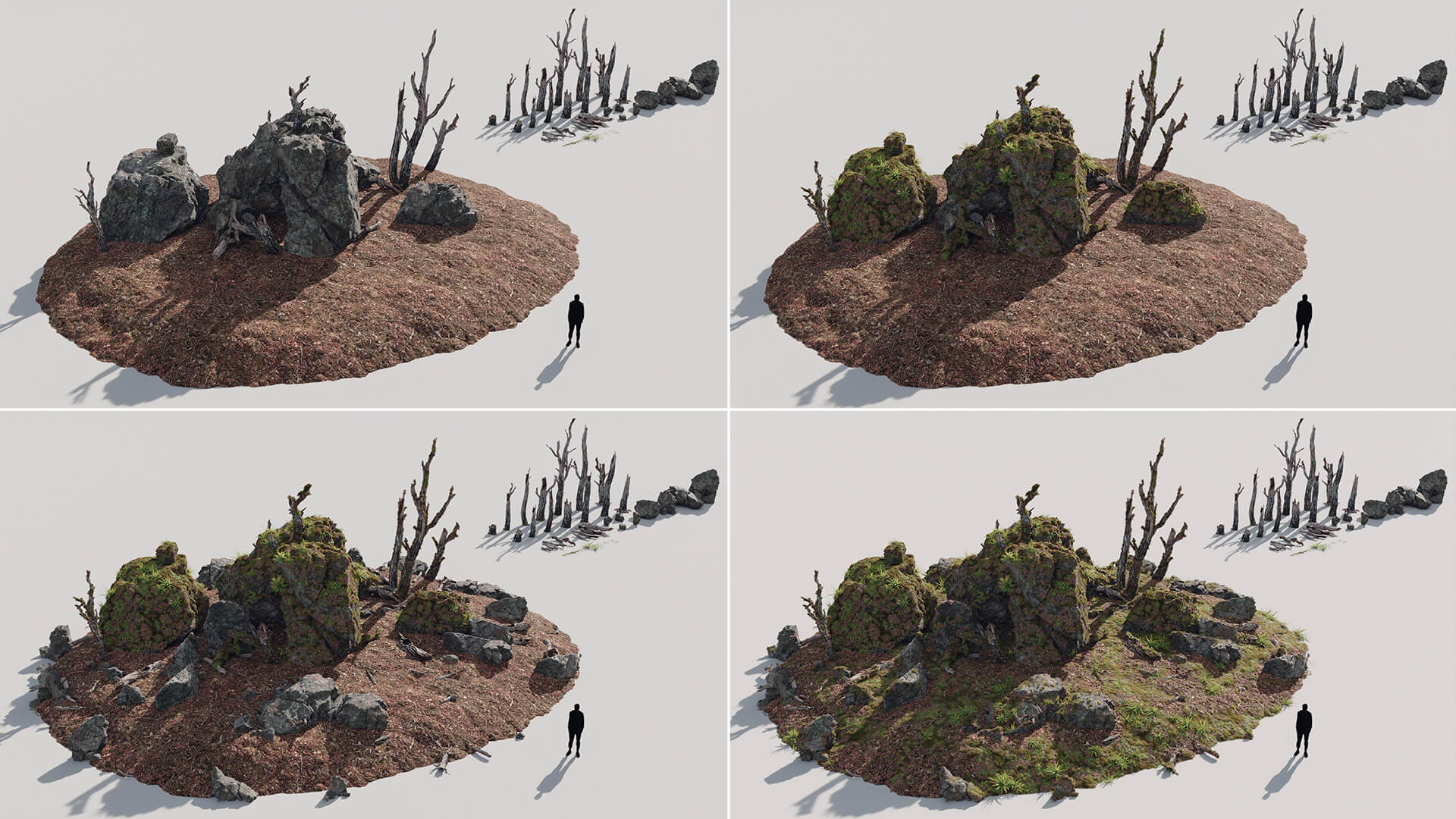 苔藓生物与枯树植物的3D模型合集:苔藓、枯树枝、枯树干、石头、四叶草、枯树叶
