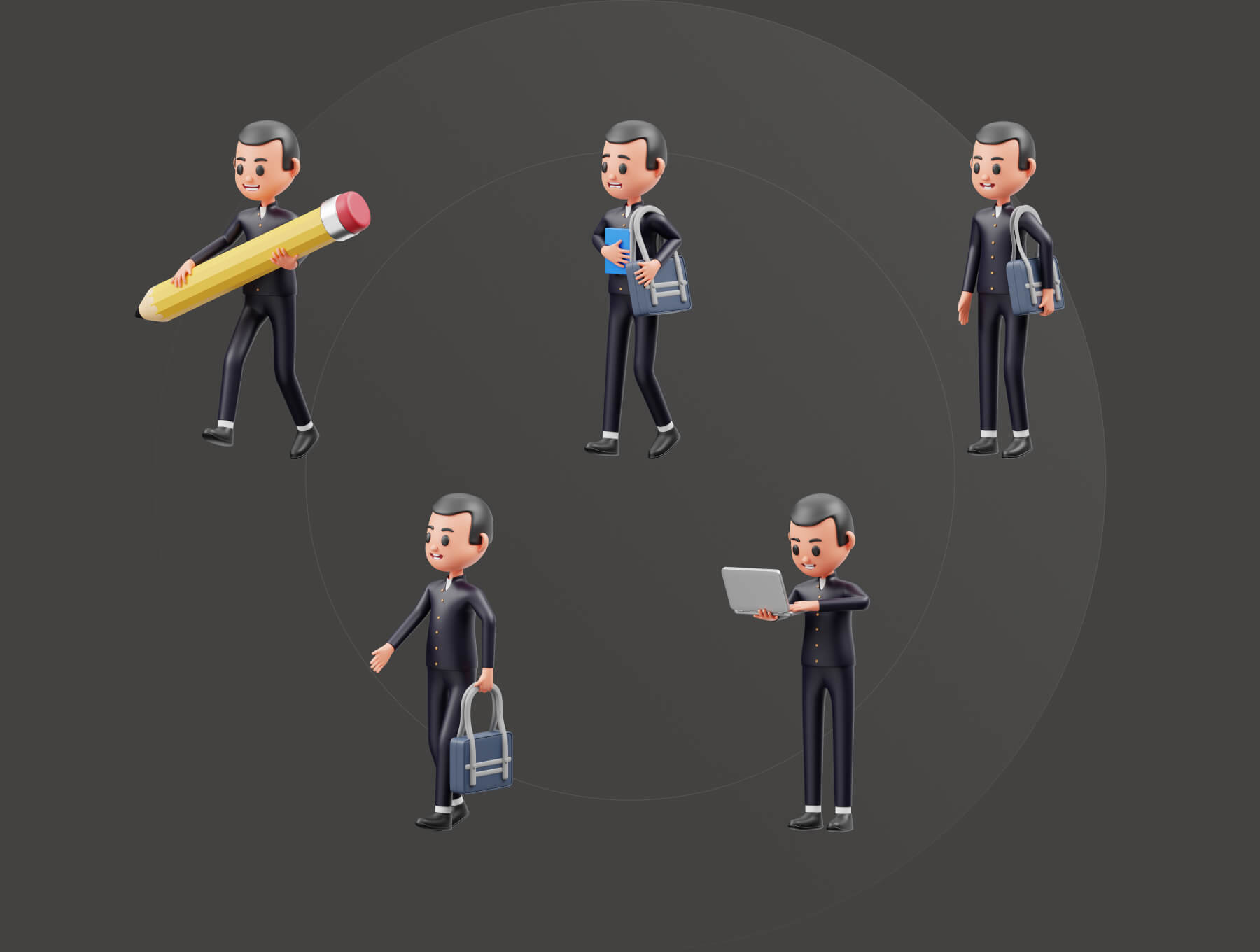 10个学生上学读书3D插图模型