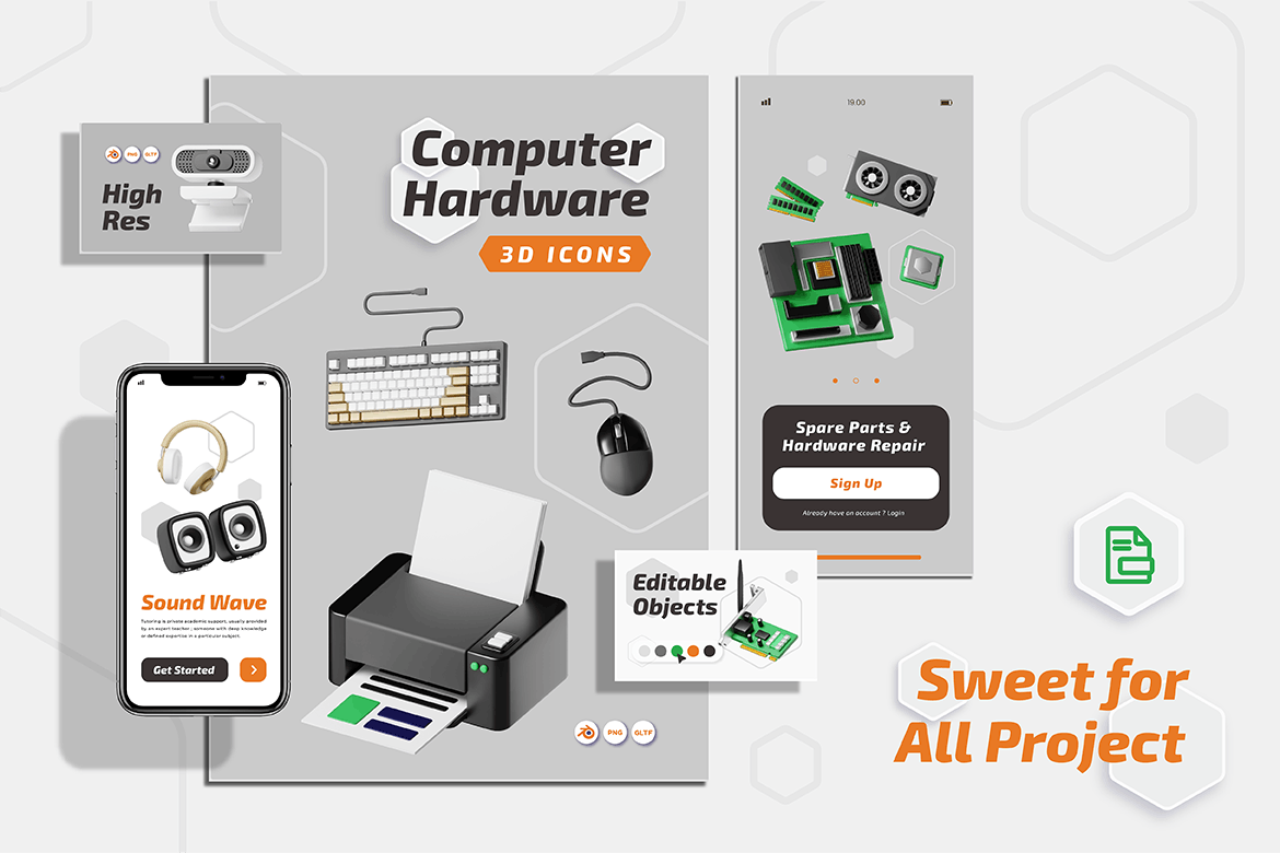 20个计算机硬件内存主板鼠标键盘显示器等元素3D模型(Blender)