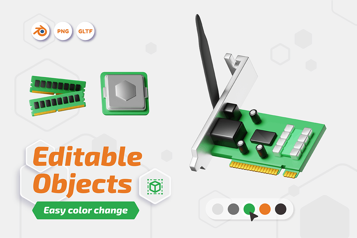 20个计算机硬件内存主板鼠标键盘显示器等元素3D模型(Blender)