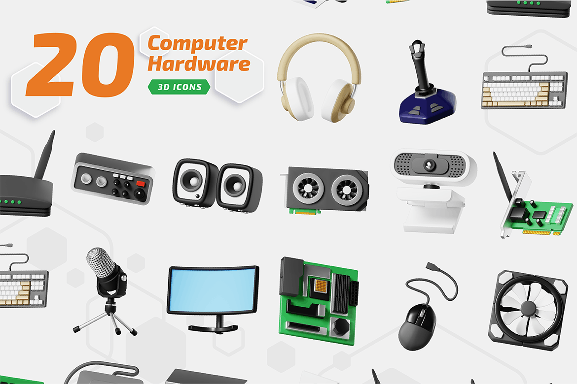 20个计算机硬件内存主板鼠标键盘显示器等元素3D模型(Blender)