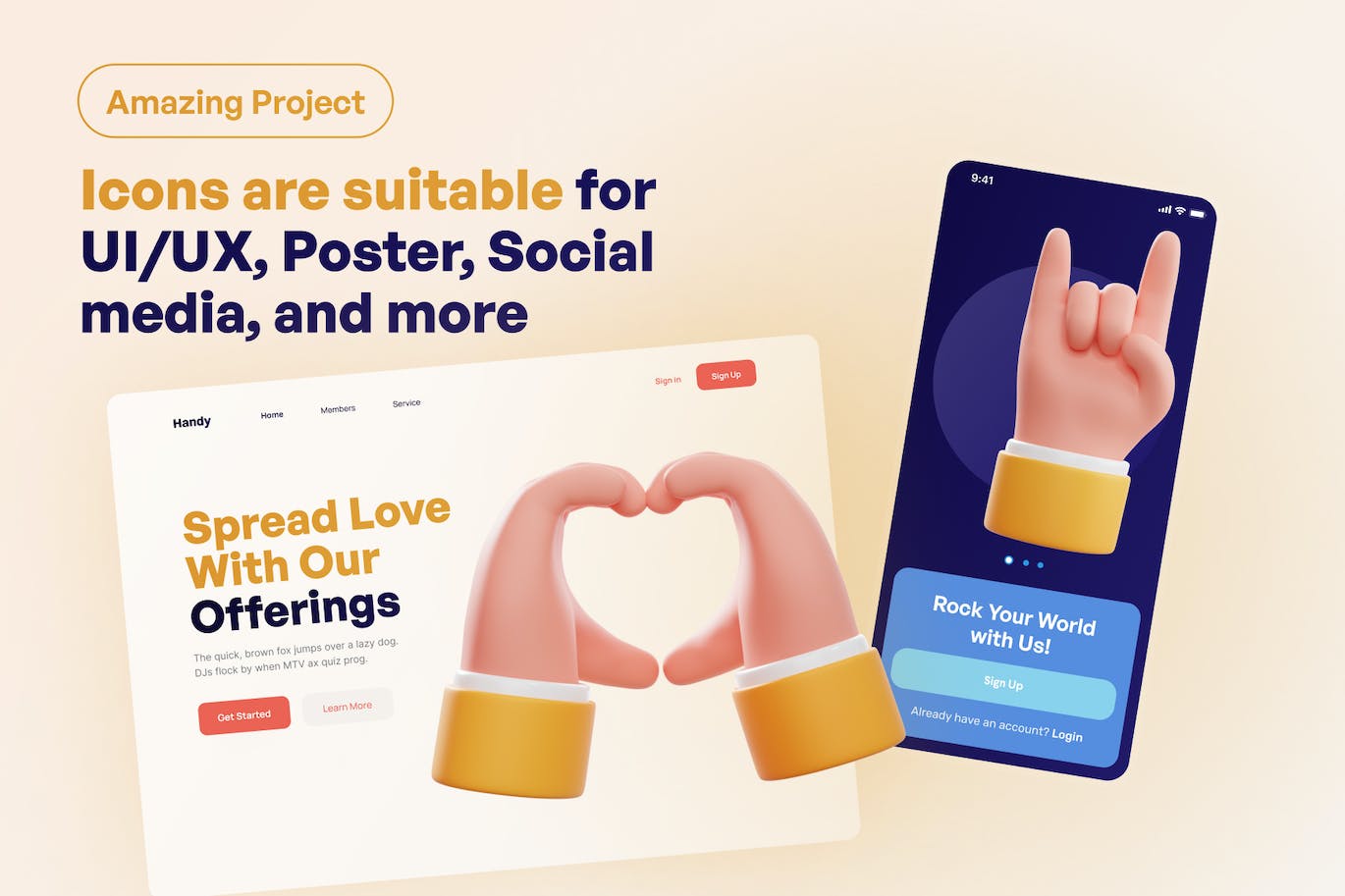 可爱爱心握拳3D手势图标模型（Blender）