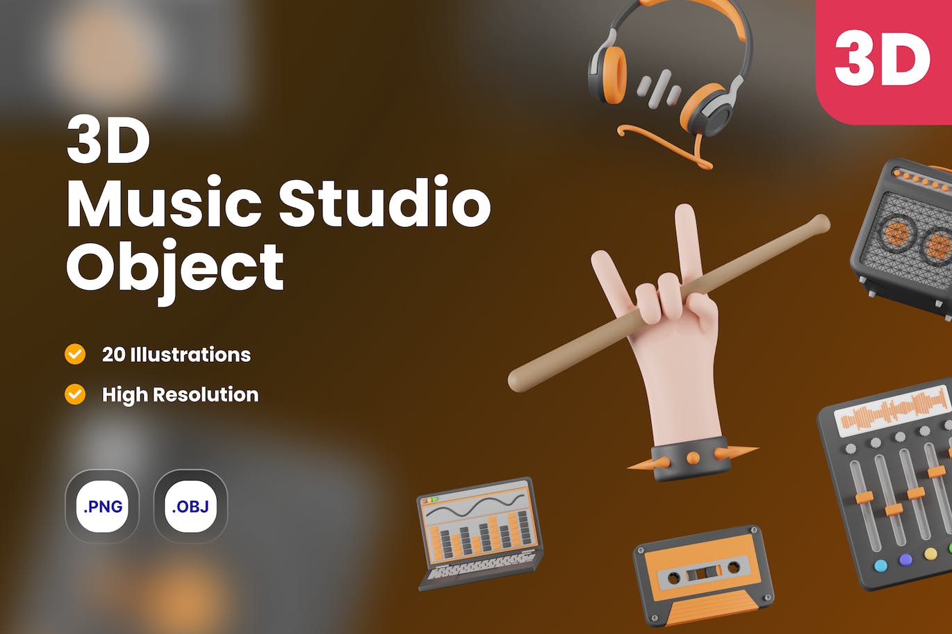 黄黑搭配风格3D音乐乐器图标素材包（Blender）