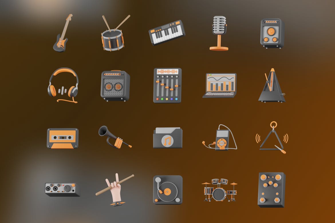 黄黑搭配风格3D音乐乐器图标素材包（Blender）