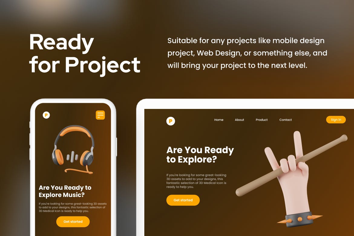 黄黑搭配风格3D音乐乐器图标素材包（Blender）