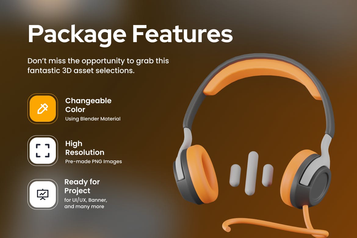 黄黑搭配风格3D音乐乐器图标素材包（Blender）