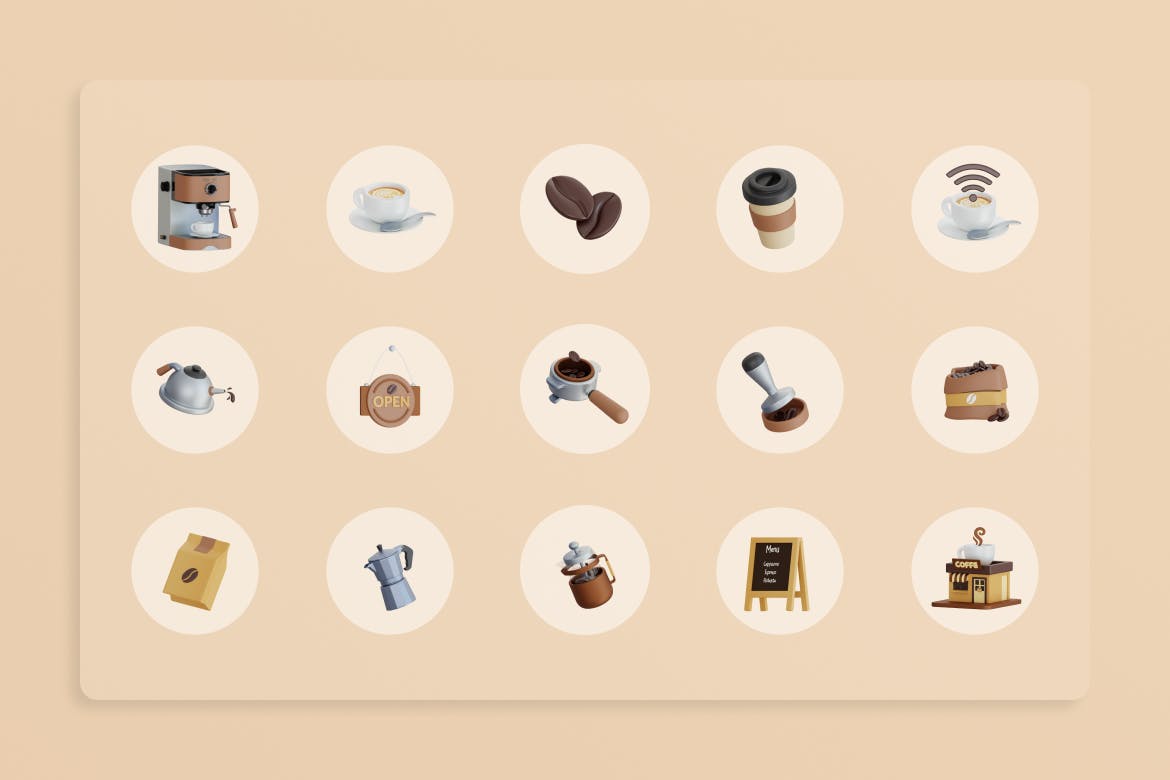 15个咖啡店主题3D图标素材包（Blender）