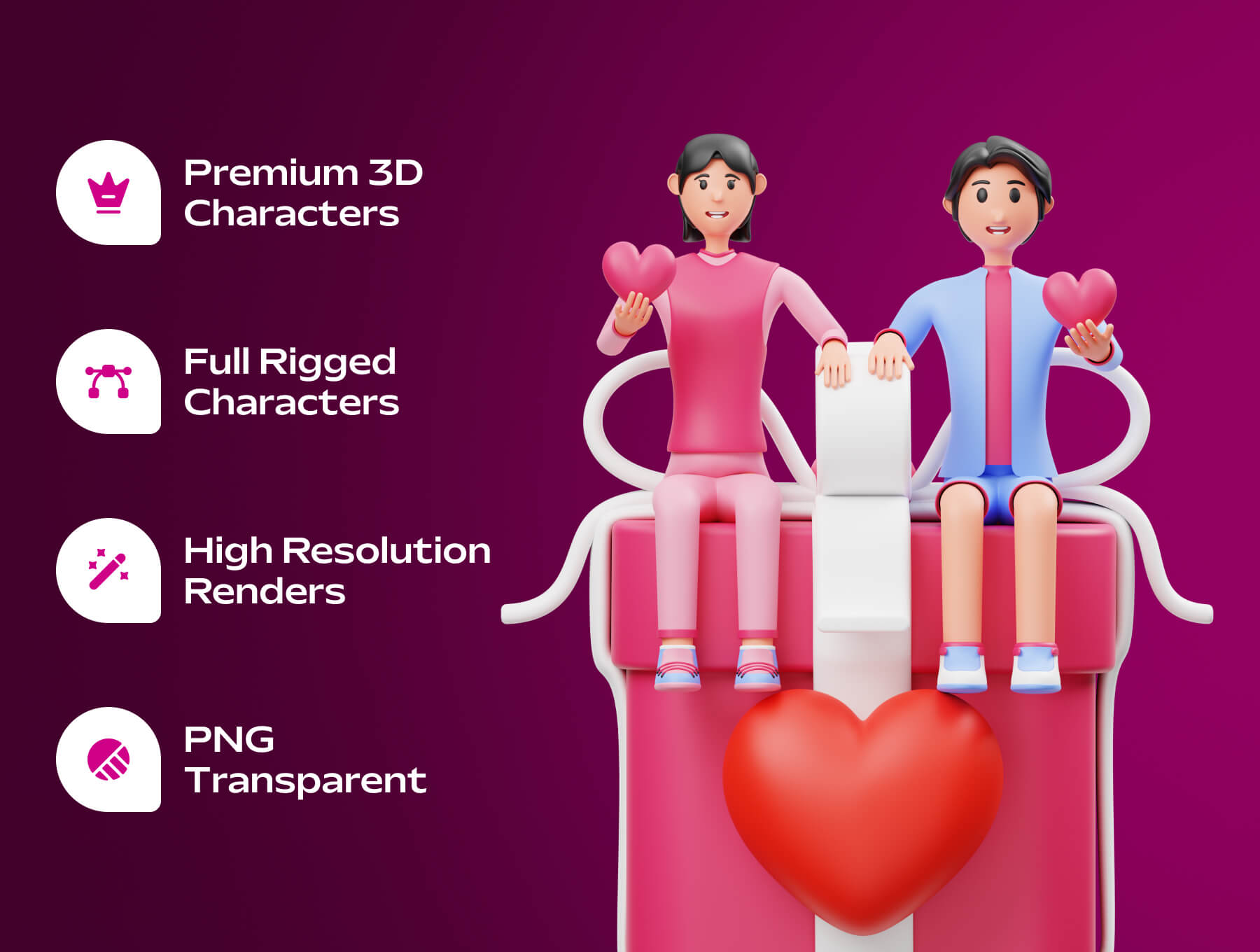 10个浪漫粉色情人节情侣3D人物插画素材包