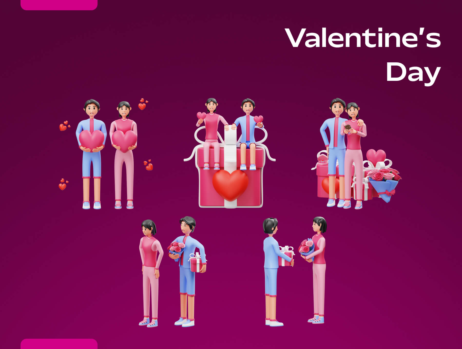 10个浪漫粉色情人节情侣3D人物插画素材包