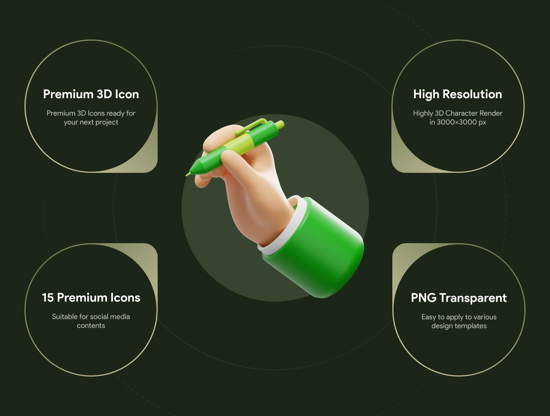 15个拿着各种物品的绿色3D手势图标素材包