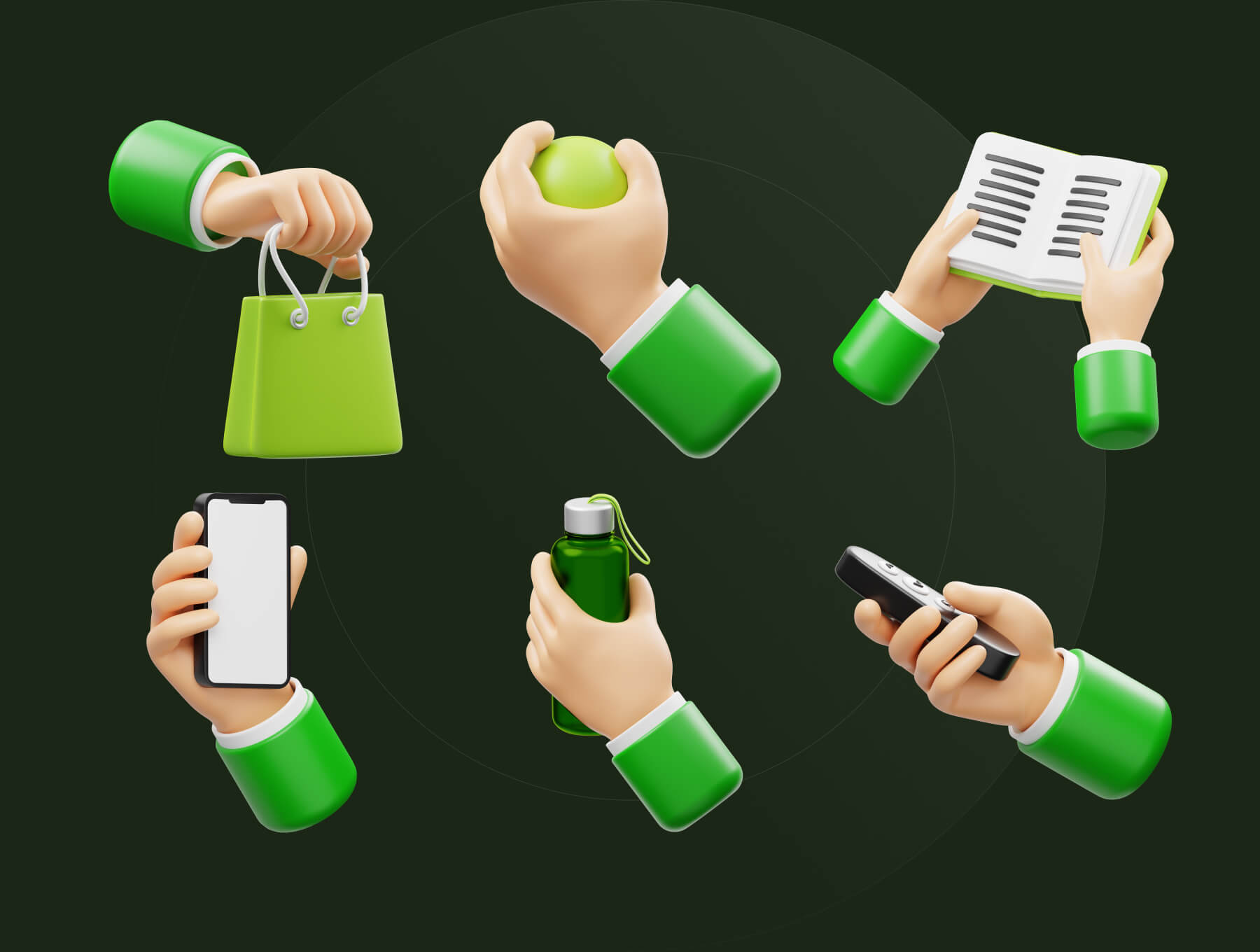 15个拿着各种物品的绿色3D手势图标素材包