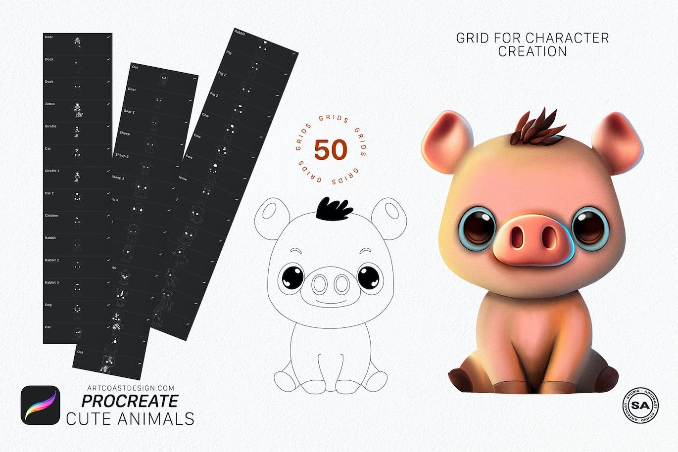 50个可爱的procreate动物笔刷素材包