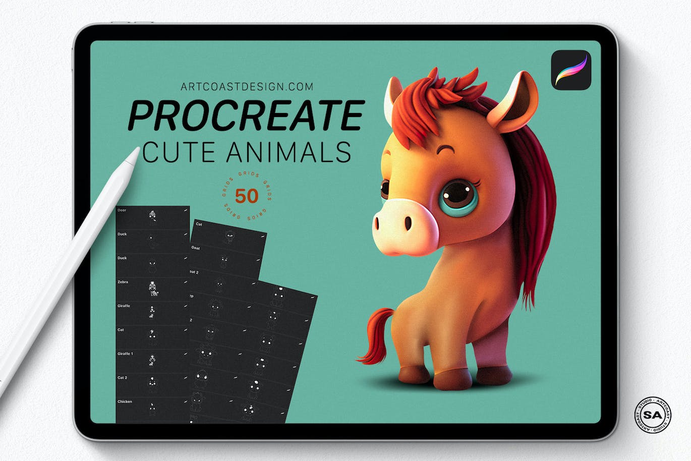 50个可爱的procreate动物笔刷素材包