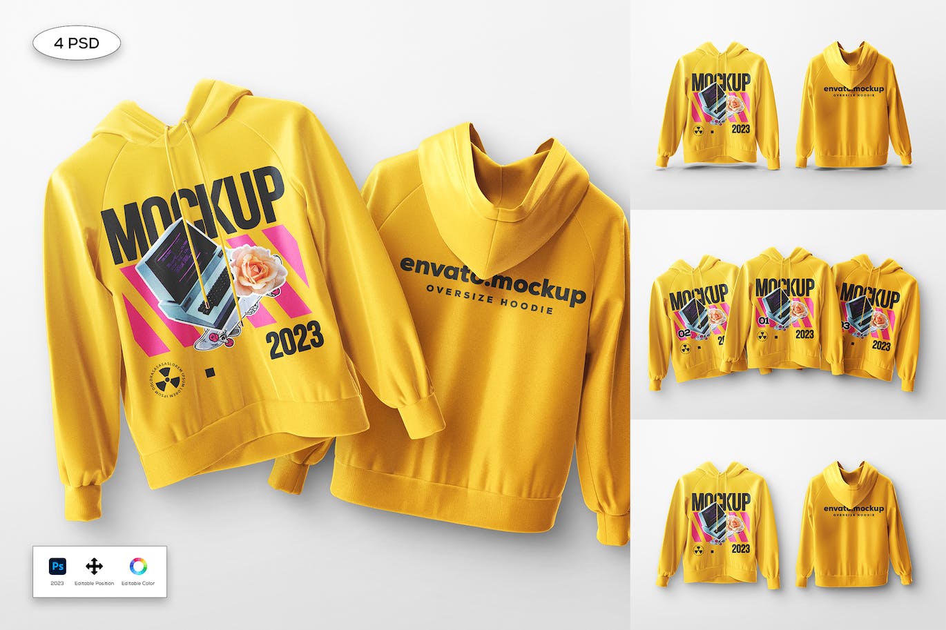 黄颜色宽松连帽衫服装PSD样机素材包