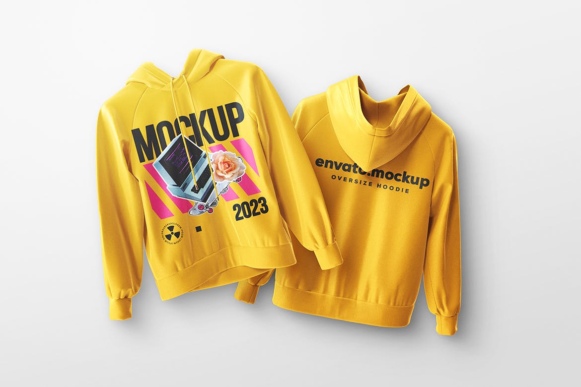 黄颜色宽松连帽衫服装PSD样机素材包