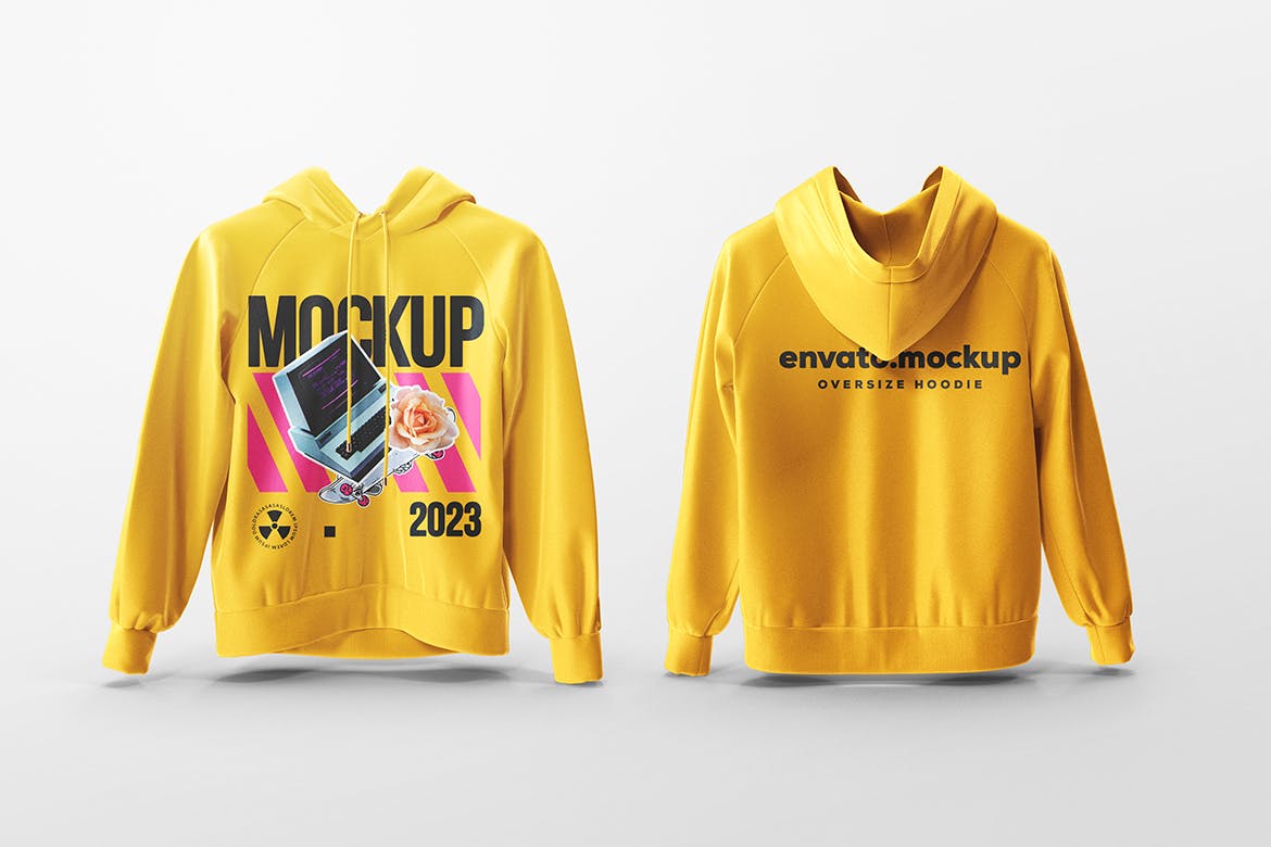 黄颜色宽松连帽衫服装PSD样机素材包