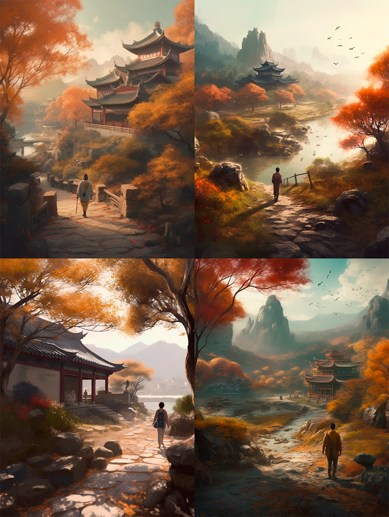 超写实中国风山水画,一个人走在画中,意境悠远