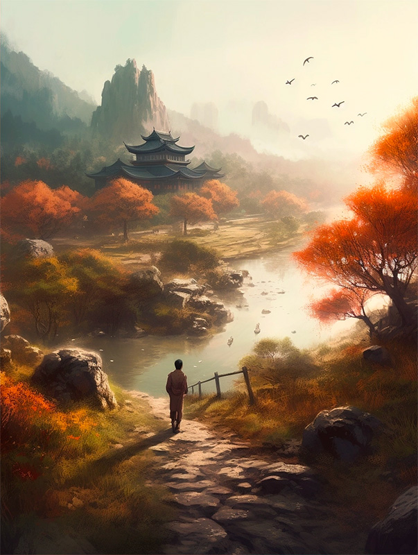 超写实中国风山水画,一个人走在画中,意境悠远