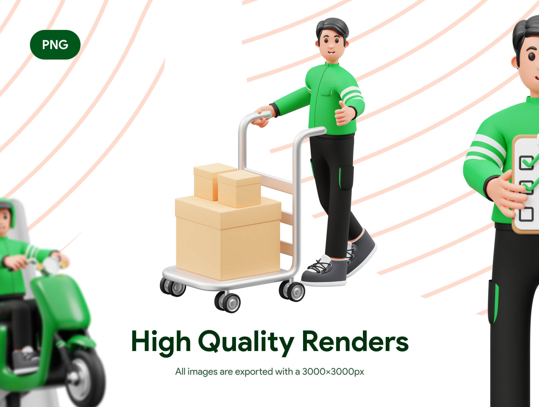 11个绿色送货快递3D人物插图素材包(Blender)