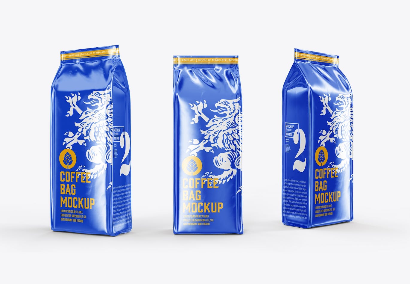 3个光泽质感塑料咖啡袋PSD样机素材