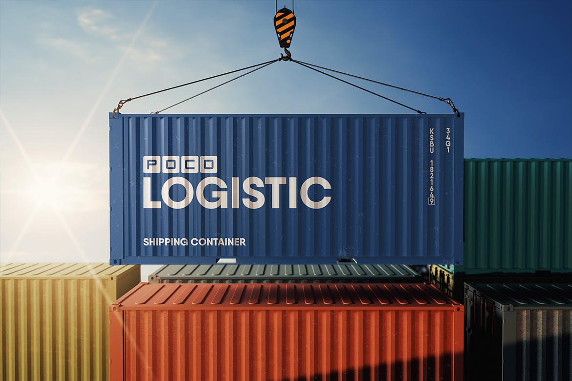 挂钩上的航运集装箱企业广告PSD样机素材