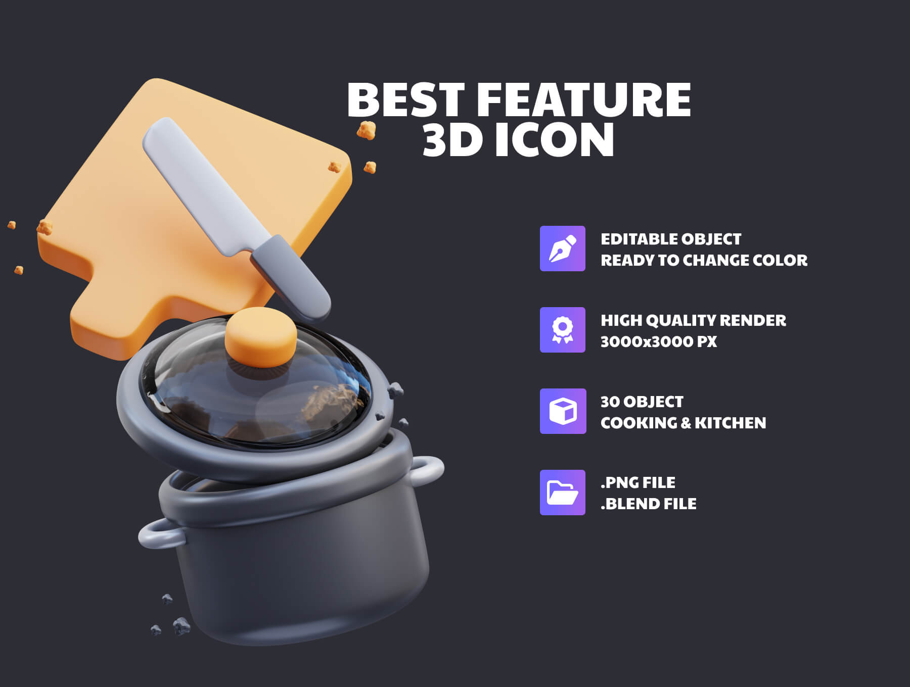 30个黑金烹饪主题3D图标素材包（Blender）