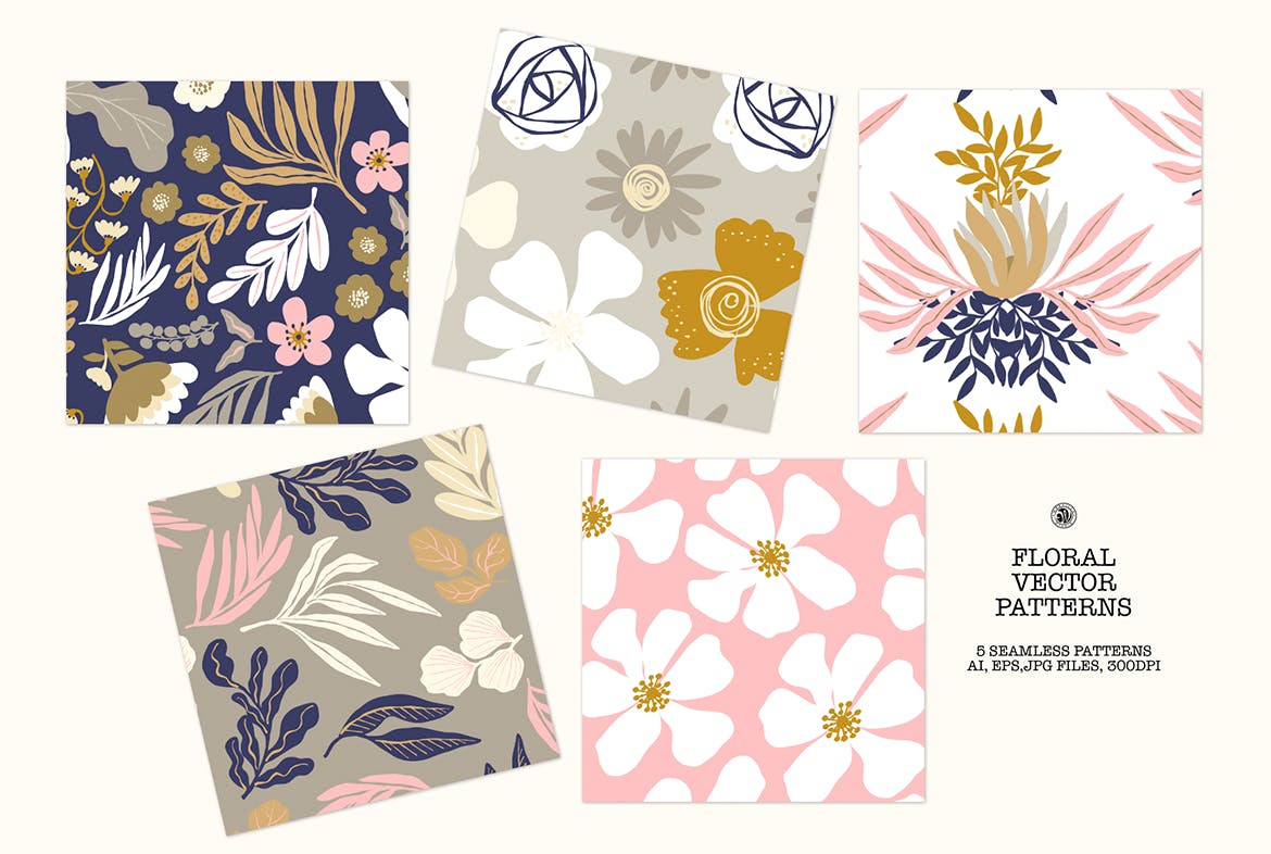 5款手绘花卉图案素材包(AI,EPS,JPG)