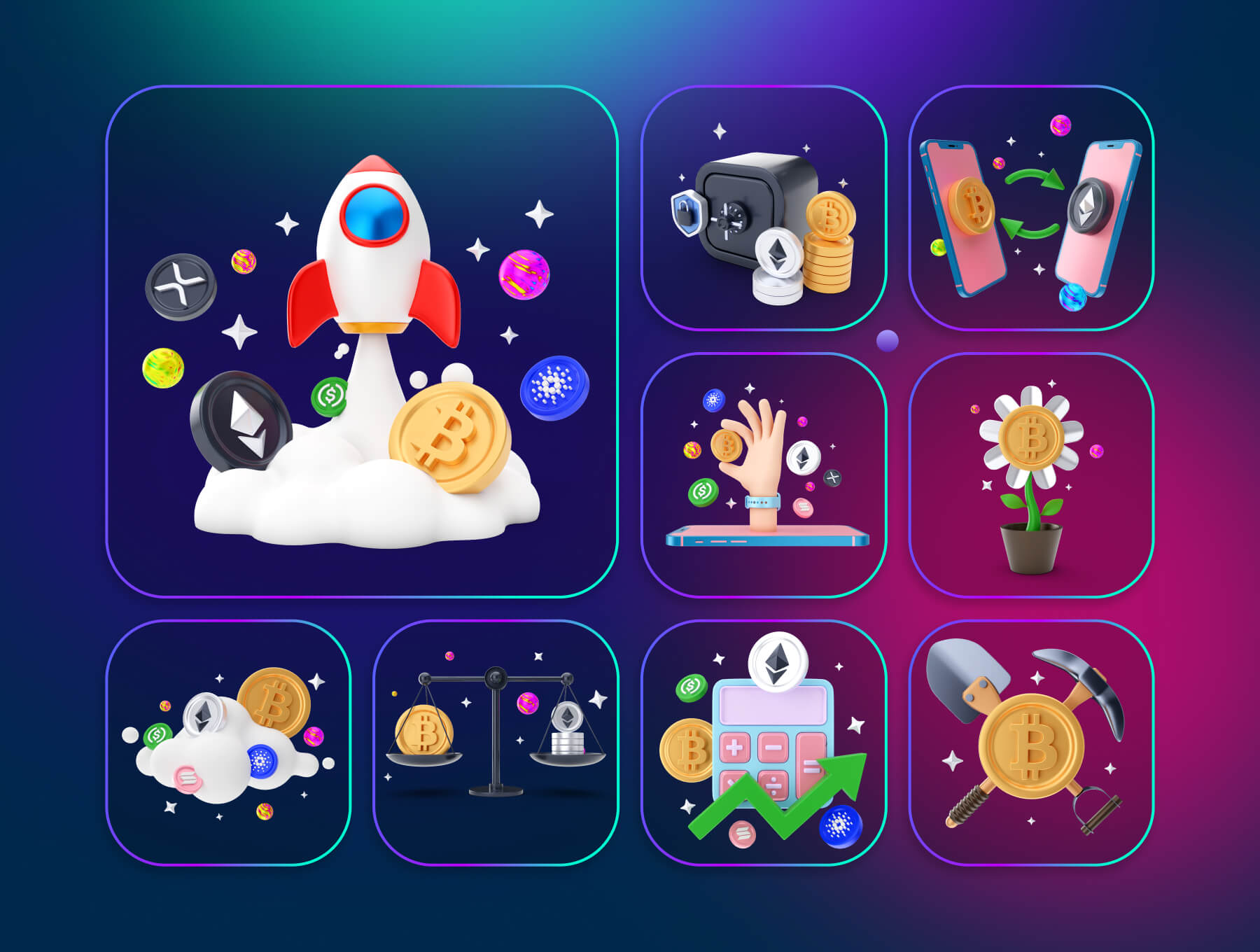 30个加密货币交易主题3D插画素材包