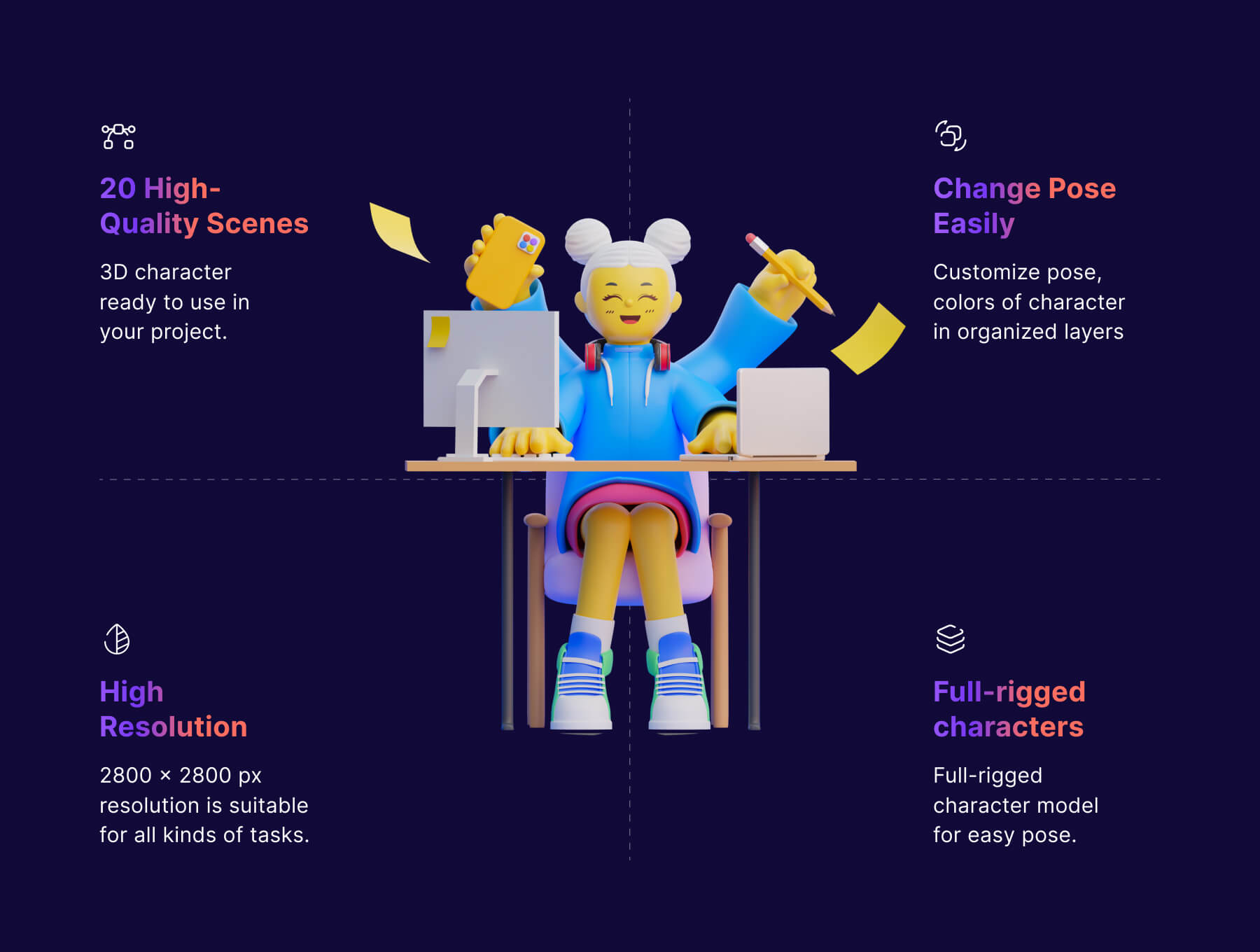 20个拥有各种姿势的3D角色卡通IP素材包（Blender）