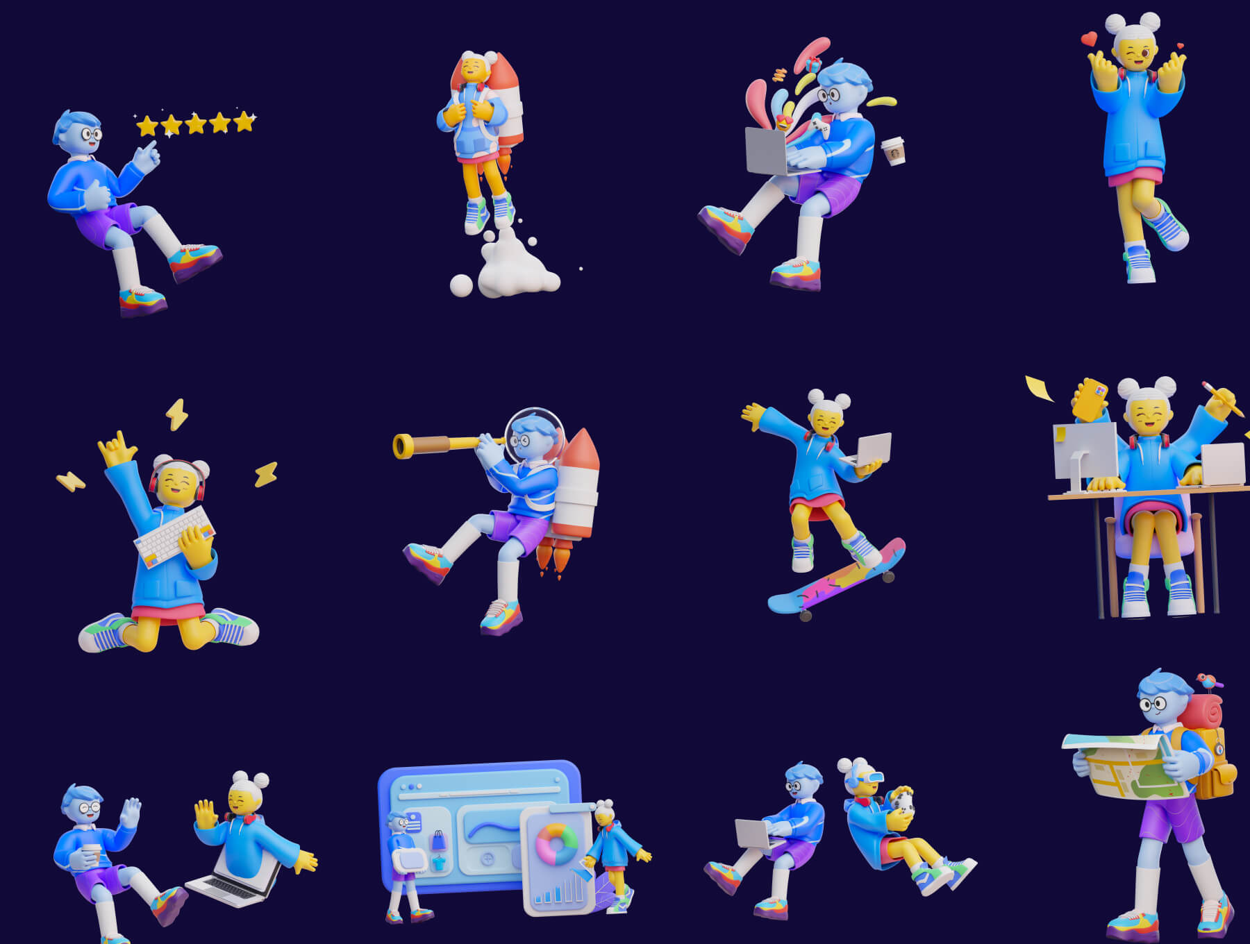 20个拥有各种姿势的3D角色卡通IP素材包（Blender）