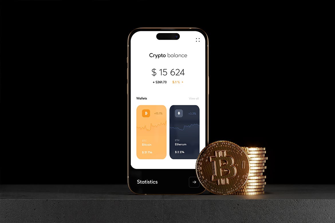 带金币iPhone 14 PRO黑色奢华场景PSD样机素材包