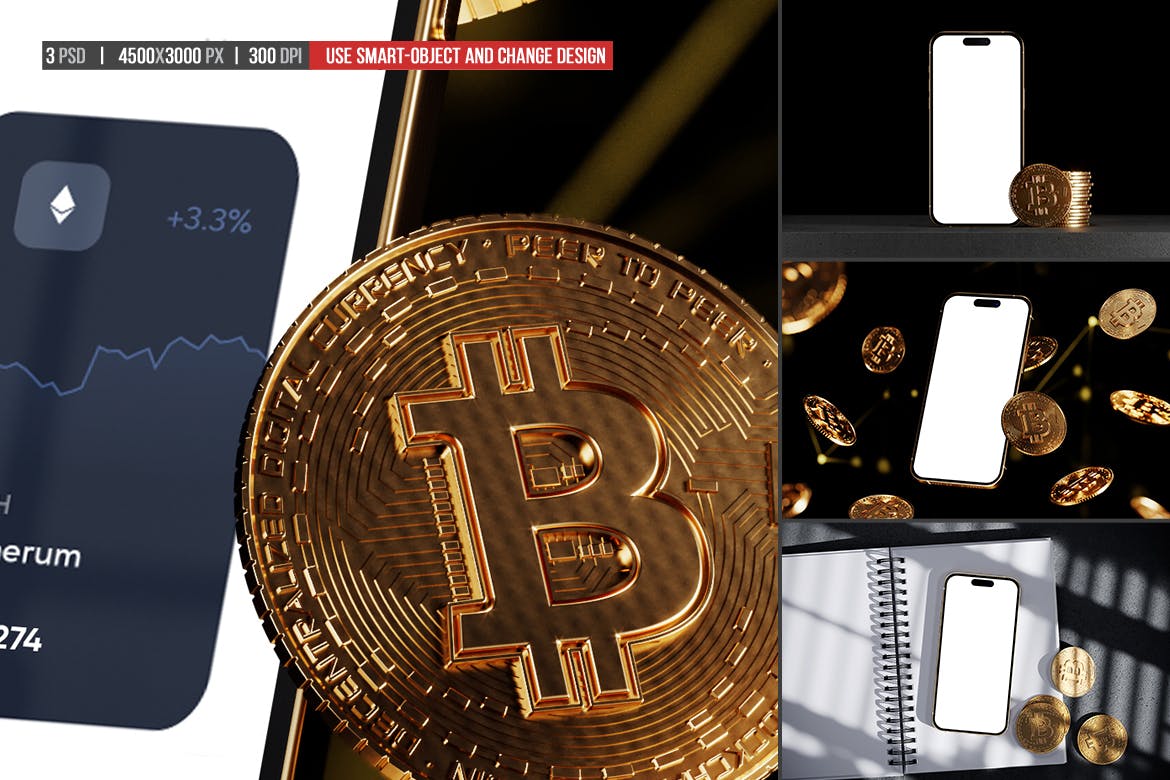 带金币iPhone 14 PRO黑色奢华场景PSD样机素材包