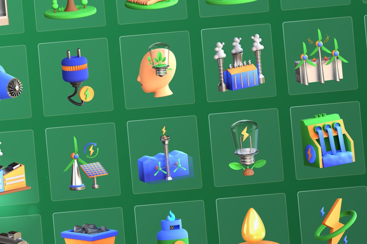 绿色新能源主题3D能量图标素材包(FIG,PNG,PSD,blend)