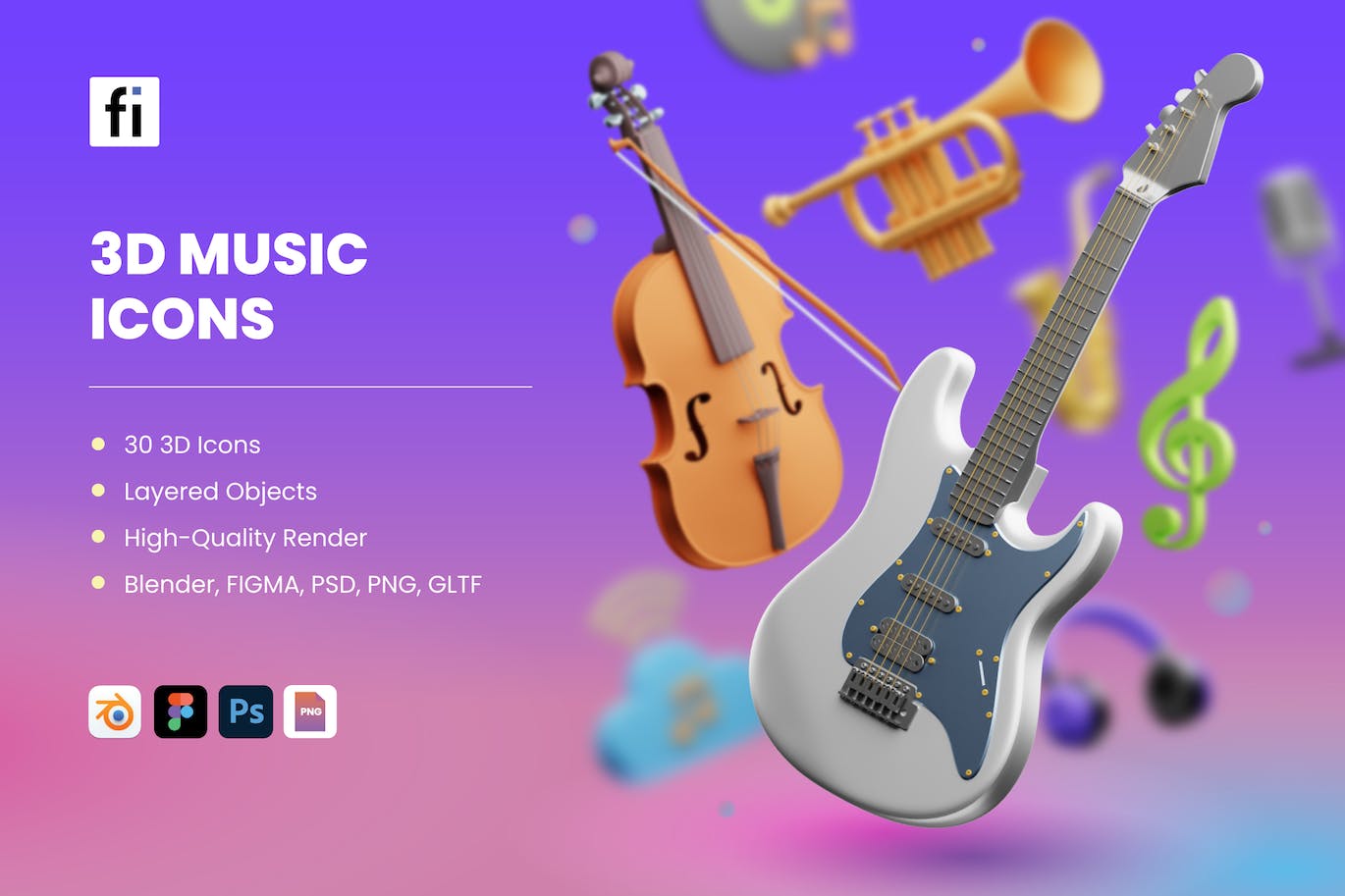 一套3D音乐乐器主题图标素材包(FIG,PNG,PSD,blend)