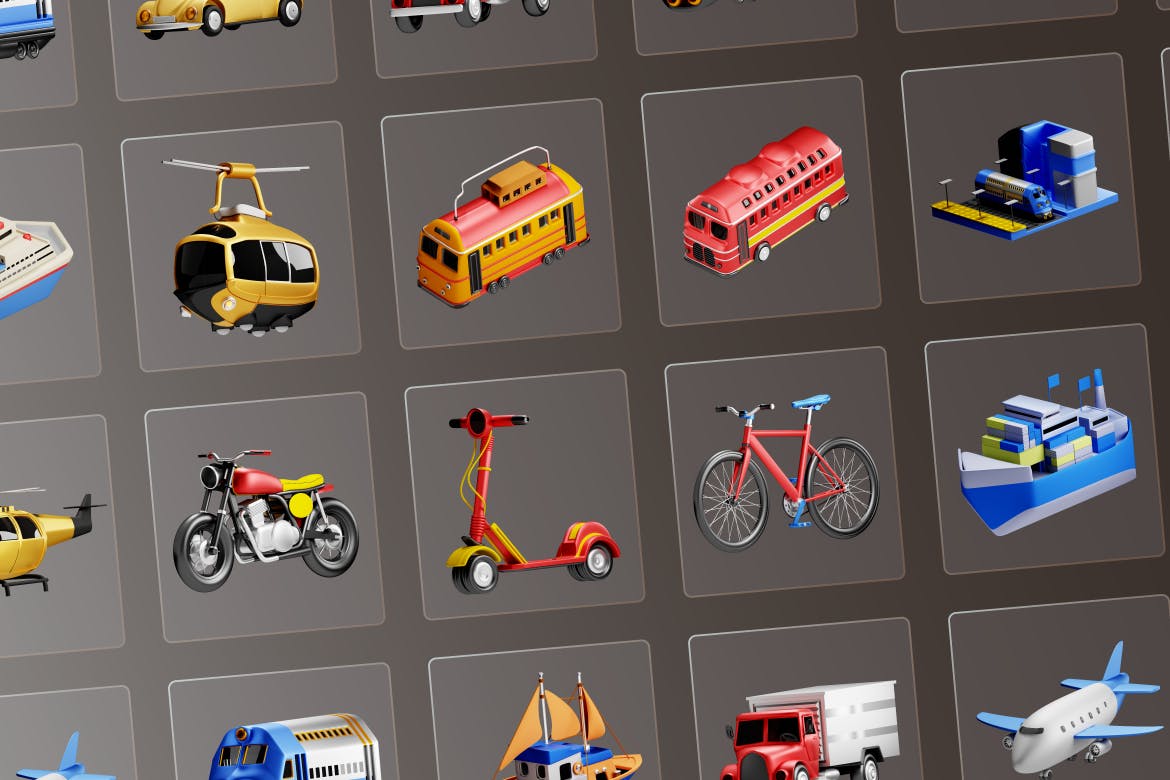 3D交通工具运输图标（FIG,PNG,PSD,blend,gltf）