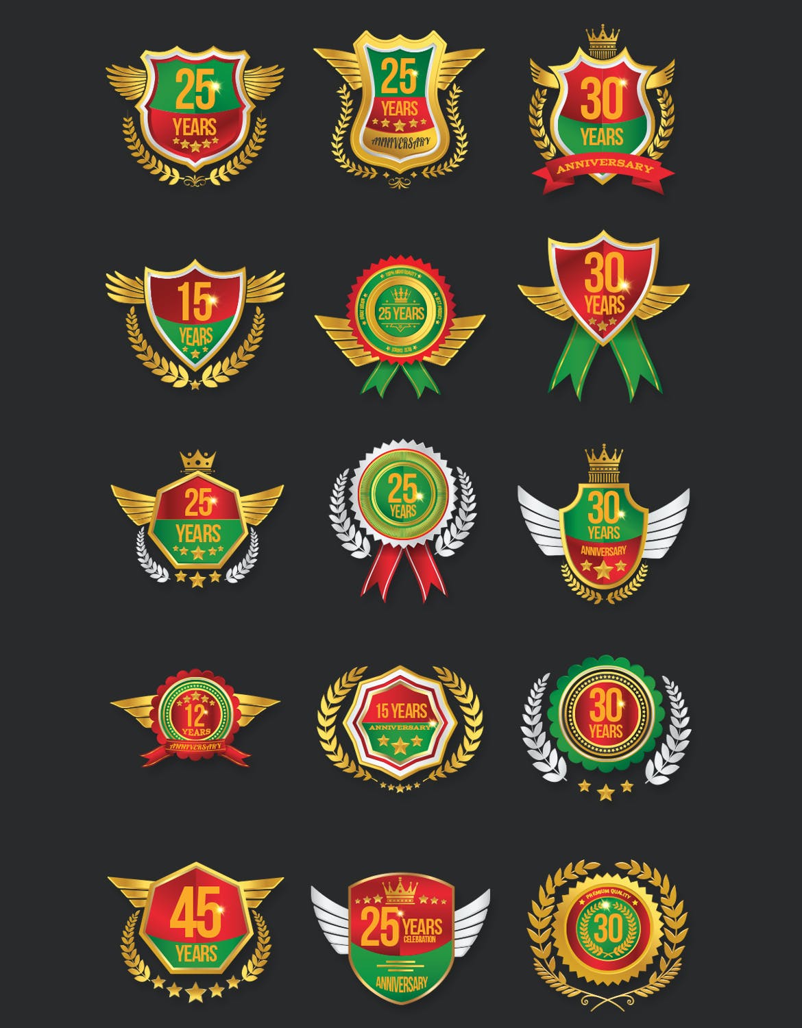 风格多样的周年庆纪念矢量徽章素材包(AI,EPS,PDF,PNG,SVG)