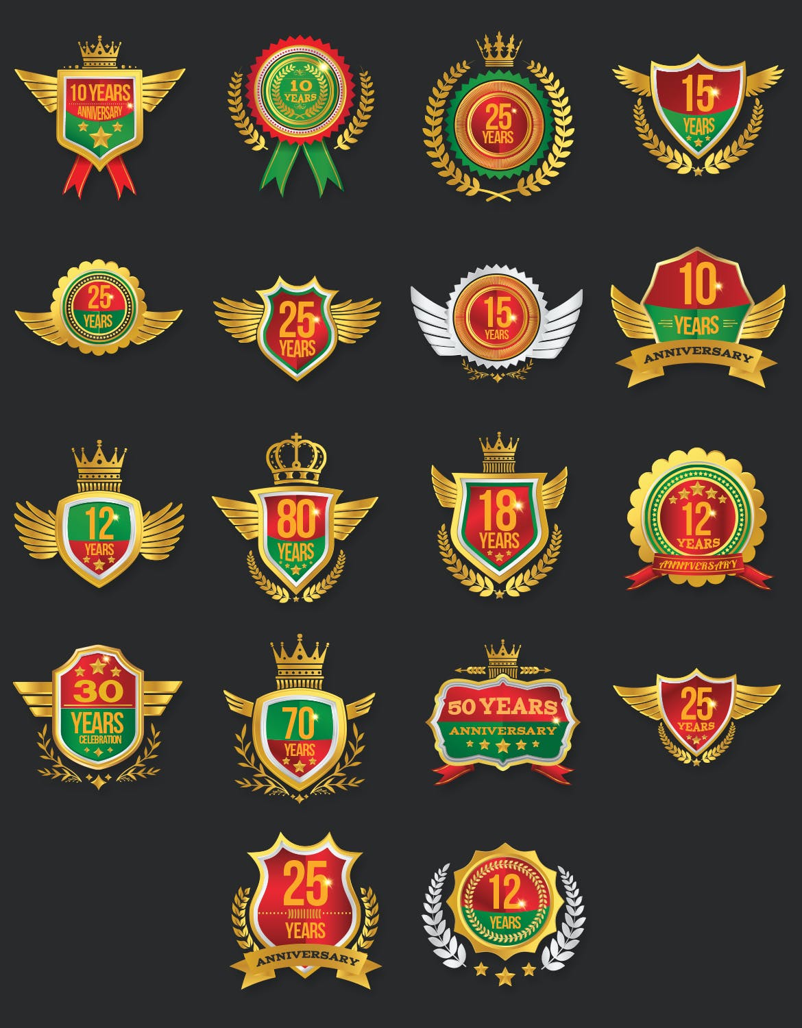 风格多样的周年庆纪念矢量徽章素材包(AI,EPS,PDF,PNG,SVG)