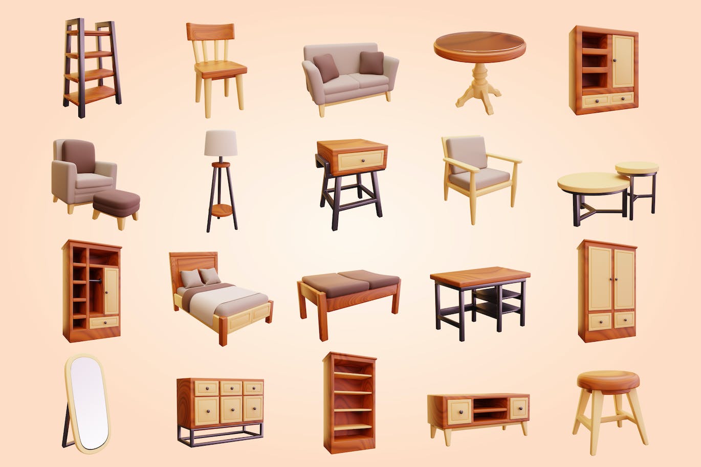 20个充满细节的3D家具元素图标素材包（PNG,blend）