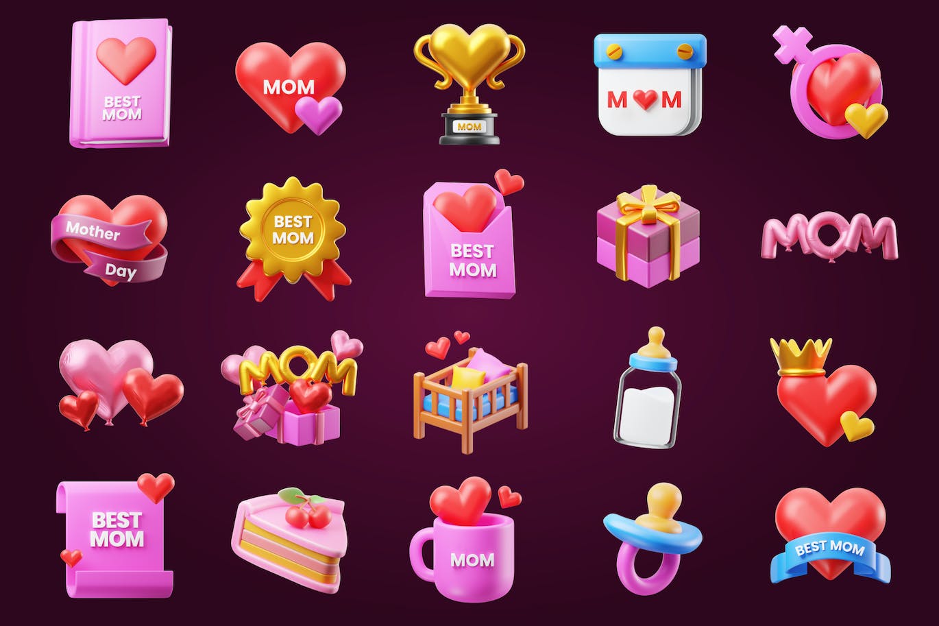 3D母亲节元素图标素材包(PNG,gltf,Blend)
