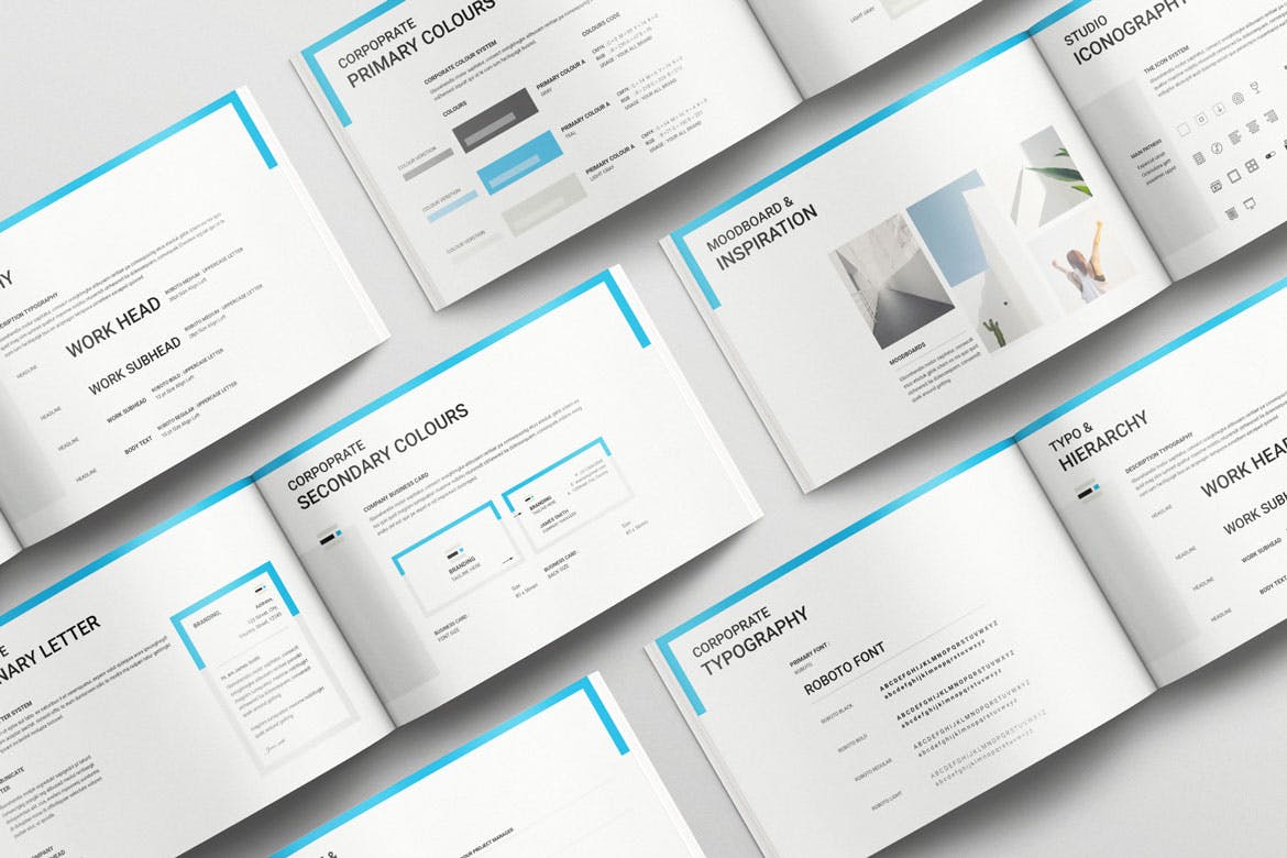 16页蓝色高端充满细节的VI样机PSD素材包(INDD)