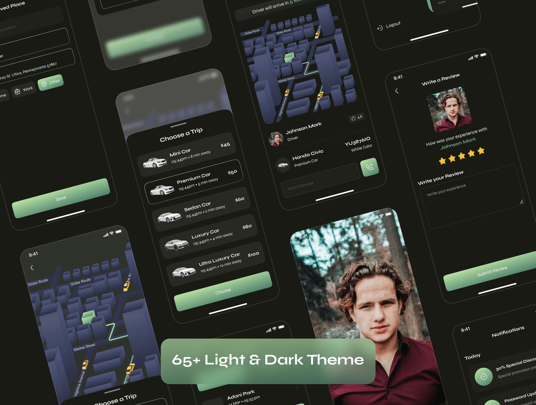 65个出租车预订主题APP UI界面素材包（Figma）