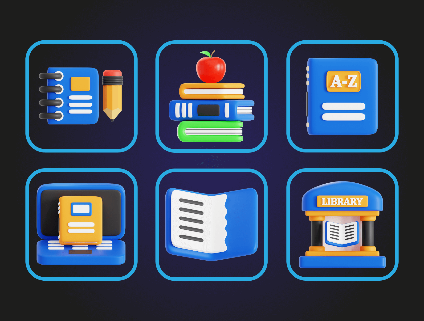 20个图书馆图书地球仪3D图标素材包