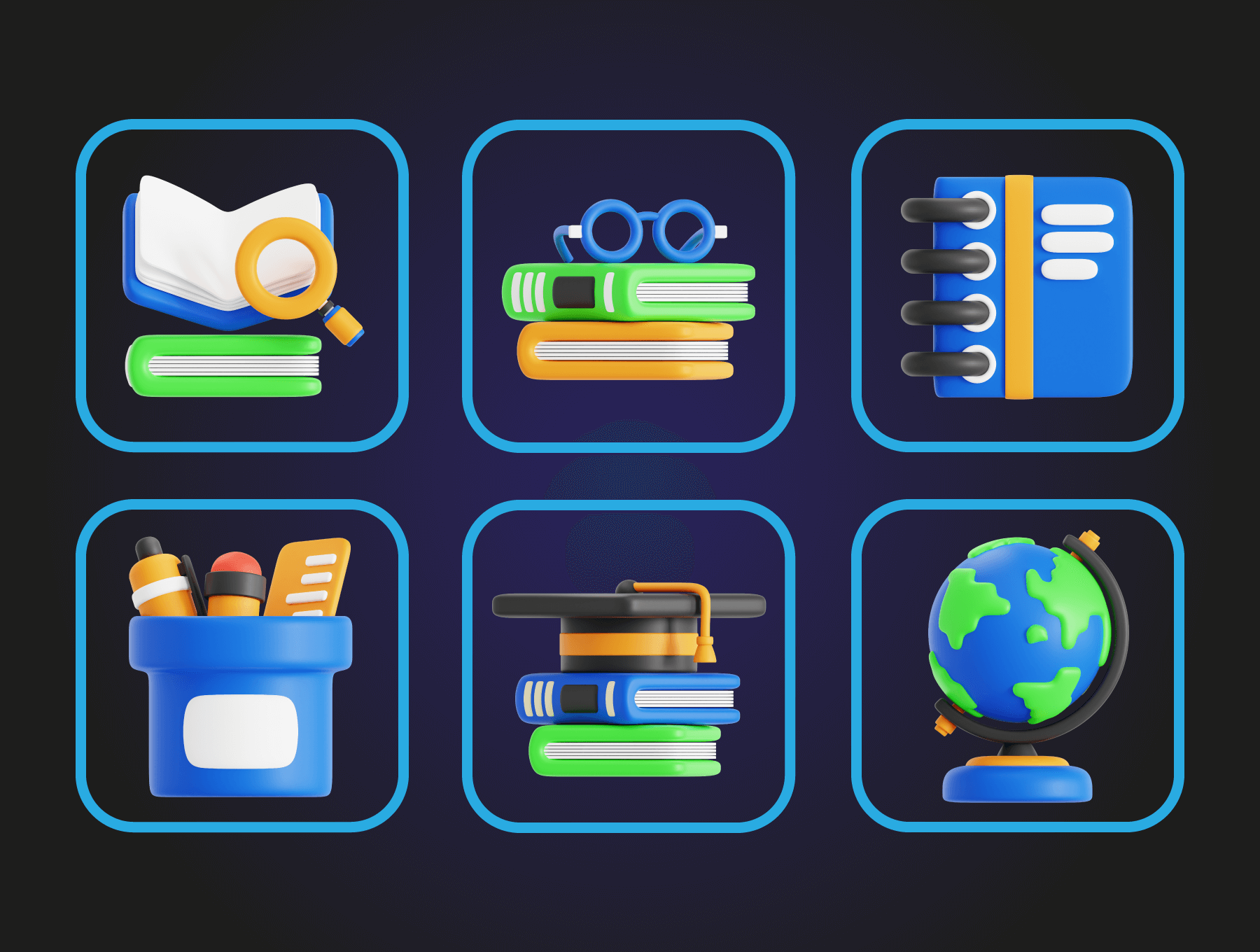 20个图书馆图书地球仪3D图标素材包