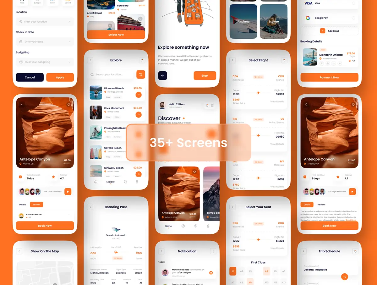 35个艳丽橙色旅游移动APP UI界面素材包