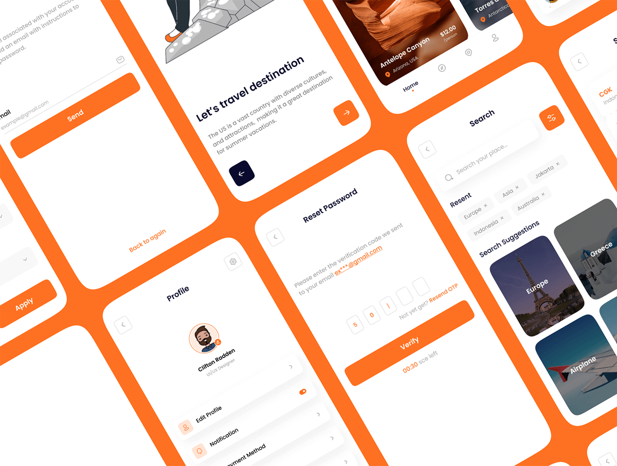 35个艳丽橙色旅游移动APP UI界面素材包