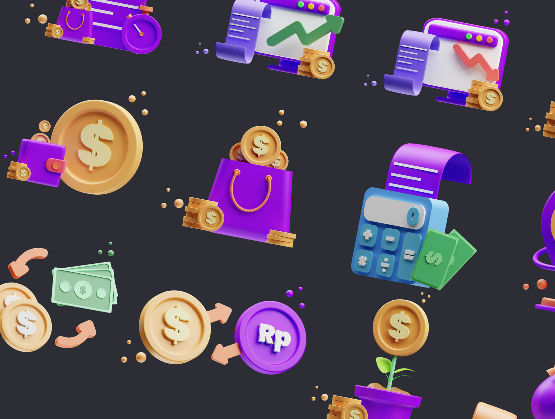 25个紫色高质量金融主题3D图标素材包